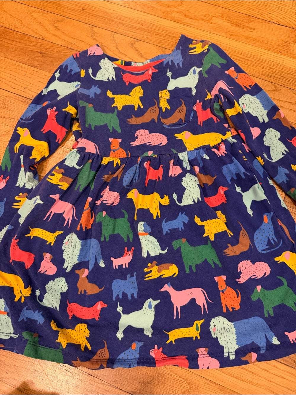 Mini Boden Navy Long-Sleeve Dress with Colorful Dog Print